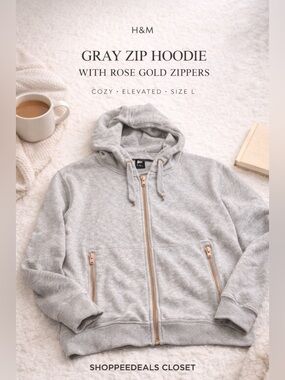 H&M Gray Zip Hoodie with Rose Gold Zippers Size L